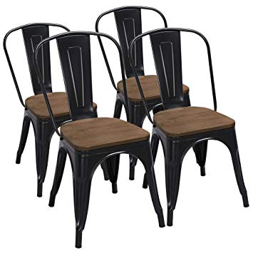 Yaheetech 18 Inch Classic Iron Metal Dinning Chair with Wood Top/Seat Indoor-Outdoor Use Chic Dining Bistro Cafe Side Barstool Bar Chair Coffee Chair Set of 4 Black