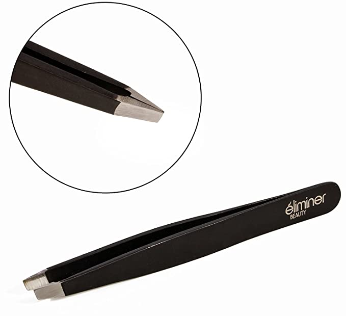 Expert Slant Tip Tweezers, Stainless Steel, Perfect for Eyebrow Shaping, (black)