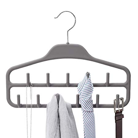 Belt Hanger Rack, 360 Degree Rotating Tie Rack Holder, Heavy Duty Plastic Tie Hanger for Closet, Rubber Coating 11 Large Hooks Tie and Belt Organizer, Grey