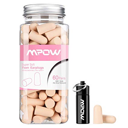 Ear Plugs Mpow 34db Highest NRR EarPlug 60 Pairs Soft foam Ear Plug with Aluminum Carry Case Noise Reduction Sponge Ear Plugs For Sleeping,Concert,Travel,Snoring, Working, Study,Shooting