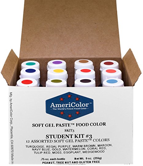 AmeriColor Student Kit 3 Soft Gel Paste Food Color, 0.75 Ounce, 12 Pack Kit