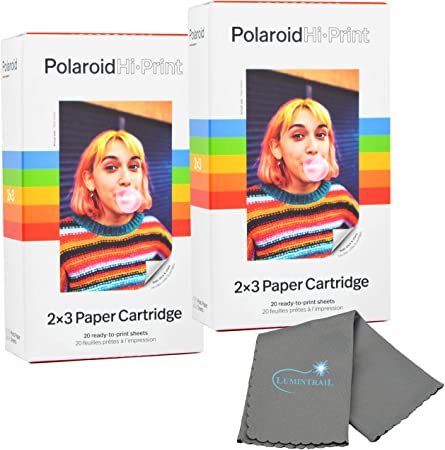 Polaroid Hi Print 2x3 Paper Cartridge, Peel and Stick, 2 Pack (40 Photos) with a Lumintrail Microfiber Cleaning Cloth