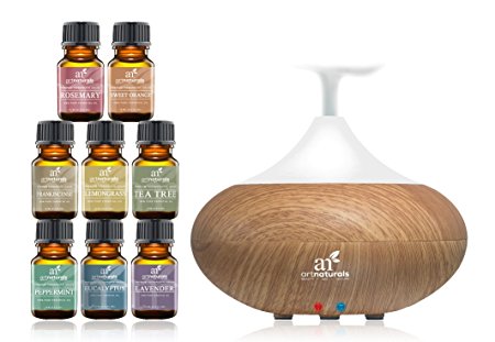 Art Naturals Essential Oil Diffuser 100ml & Top 8 Essential Oil Set - Peppermint, Tee Tree, Rosemary, Orange, Lemongrass, Lavender, Eucalyptus, & Frankincense - Auto Shut-off and 7 Color LED Lights