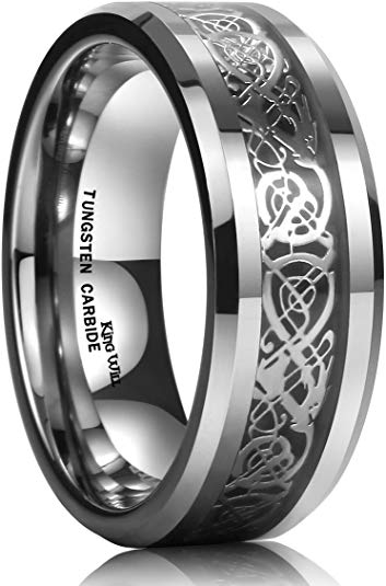 King Will DRAGON Men Tungsten Carbide Ring Wedding Band 8mm Silver Celtic Dragon Inlay Polish Finish