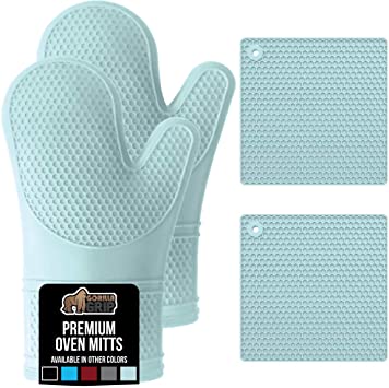 Gorilla Grip Premium Silicone Oven Mitt and Pot Holder 4 Piece Set, Includes 2 Soft Slip Resistant Flexible Kitchen Cooking Mitts and Trivet Mats, Gloves and Potholders for Use on Hot Surfaces, Mint