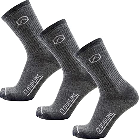 CloudLine Merino Wool Ultra Light Weight Crew Hiking Socks - 3 Pack - for Men & Women