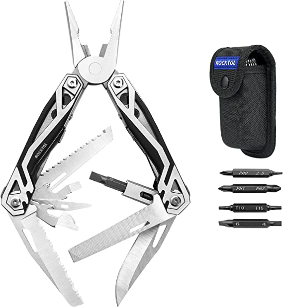 Multitool Pliers, 21 in 1 Stainless Steel Multitools with Molded Nylon Pouch Safety Locking Toolset 8-Function Bits Magnetic Screwdriver for Gifting