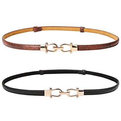 Leather Skinny Women Belt Thin Waist Belts for Dresses Up to 33"with Interlocking Buckle 2 Pack