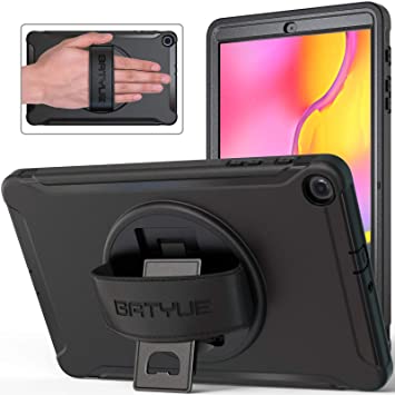 Batyue Case for Samsung Galaxy Tab A 10.1" 2019 Model SM-T510/T515 Tablet, with [360° Rotatable Kickstand] & [Leather Hand Strap] 3 Layers Shockproof Full-body Rugged Hard PC & TPU Hybrid Case (Black)