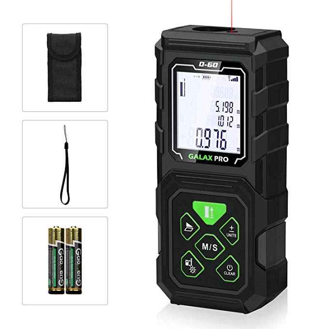 Laser Measure, GALAX PRO Laser Distance Meter 196ft/60m Digital Tape Measurement Tool Measuring Device with Large Backlit Display and 2Pcs Batteries