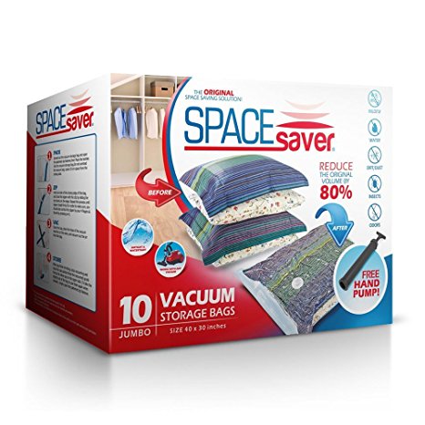 SpaceSaver 10 x Premium Jumbo Vacuum Storage Bags, 80% More Storage Than Other Brands! Free Hand-Pump For Travel!