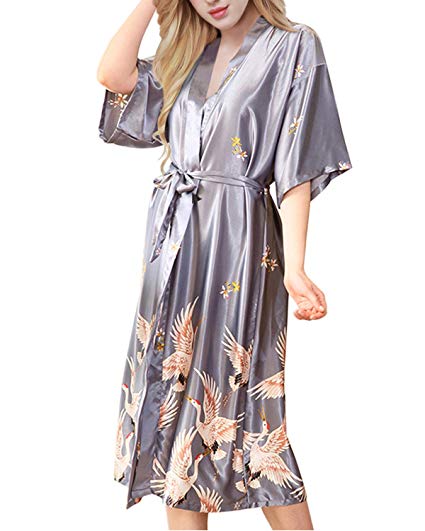 ETAOLINE Women's Long Kimono Robe Silk Dressing Gown Satin Nightwear Pyjamas Bathrobe UK 8-16