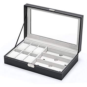 NEX Men Women 9 Slots Display Jewelry Storage Colleciton Box with 6 Piece Watch Case and 3 Piece Eyeglasses Plus Locker (NX-AA002)
