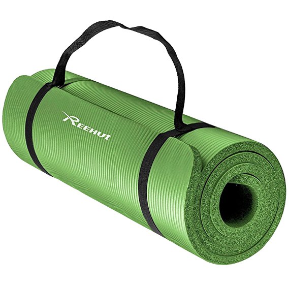Reehut 1/2-Inch Extra Thick High Density NBR Exercise Yoga Mat for Pilates, Fitness & Workout w/Carrying Strap (Green)