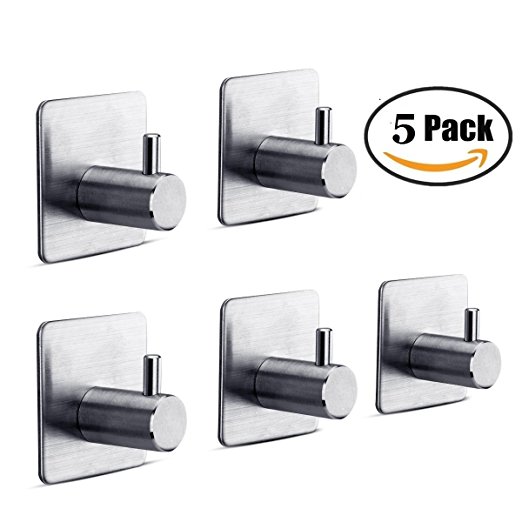 5 Pack Stainless Steel Hooks, 3M Self Adhesive Wall Hooks for Towel Robe Key Rack Coat Hanger Bathroom Kitchen Organizer Hooks with Brushed Finish (5)