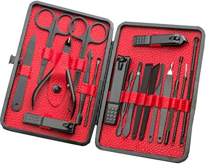 Manicure Set, 18 In 1 Stainless Steel Professional Pedicure Kit Nail Scissors Grooming Kit with Portable Leather Travel Case, Gifts for Women Men (Black   Red)