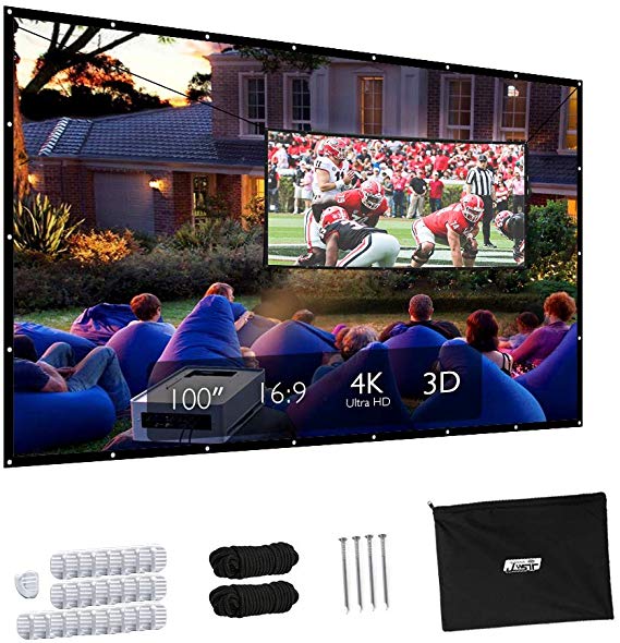Projector Screen, Upgraded 100 inch 4K 16:9 HD Portable Projector Screen, Premium Indoor Outdoor Movie Screen Anti-Crease Projection Screen for Home Theater Backyard Movie Office Presentation.