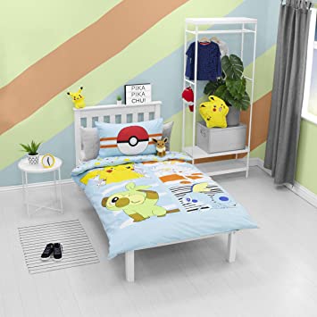 Pokemon Jump Single Duvet Cover | Featuring Pikachu, Grookey, Scorbunny, and Sobble Inc | Officially Licensed Blue Polycotton Reversible Two Sided Design