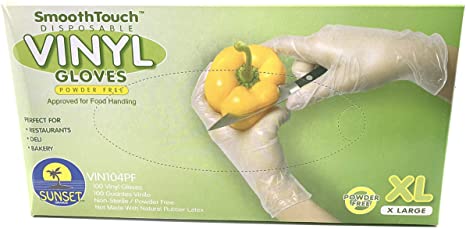 Sunset XL SmoothTouch Disposable Vinyl Gloves - Powder Free - 100 Per-Box X-Large Gloves