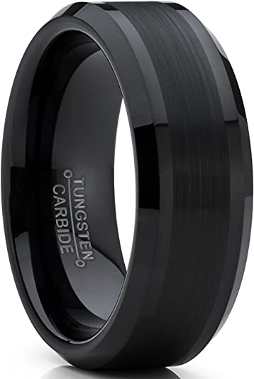 Tungsten Carbide Men's Black Brushed Center Wedding Band Engagement Ring, 8 mm Comfort Fit