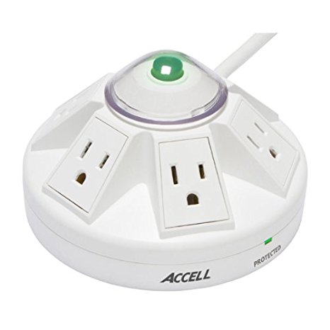 Accell Powramid 6-Outlet Surge Protector - White, UL Listed, 1080 Joules, 4ft Cord