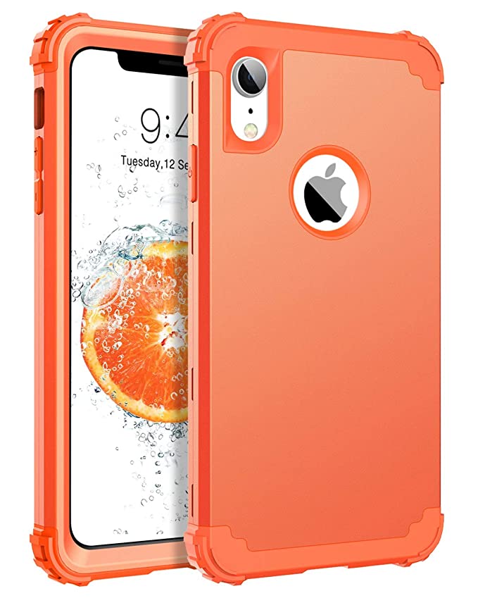 BENTOBEN iPhone XR Case, iPhone XR Phone Case, 3 in 1 Heavy Duty Rugged Hybrid Hard PC Cover Soft Silicone Bumper Impact Resistant Non-Slip Shockproof Protective Case for iPhone XR 6.1", Coral Orange