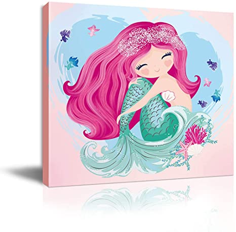 The Little Mermaid Pink Home Decor Canvas Framed Wall Art for Bedroom Bathroom Pictures Watercolor Nursery Wall Decor for Girls Bedroom Artwork for Walls Kitchen Modern Home Wall Decoration Size 14x14