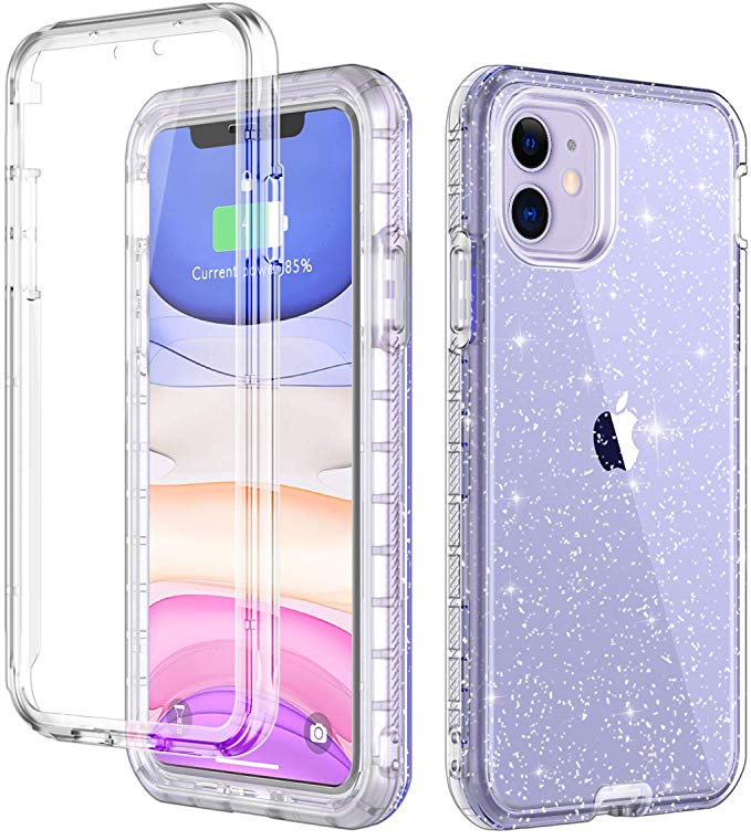 LONTECT for iPhone 11 Case Built-in Screen Protector Glitter Clear Sparkly Bling Rugged Shockproof Hybrid Full Body Protective Case Cover for Apple iPhone 11 6.1 2019, Purple Clear/Silver Glitter