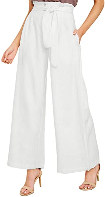 FLORHO Women Wide Leg Bottom Pants High Waisted Paper Bag Pants Casual Trousers with Pockets