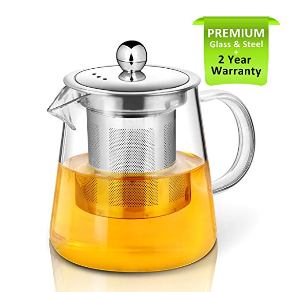 Teapot, 400ml glass Tea pot with Infuser by AckMond, Microwavable and Stovetop Safe, Tea Strainer for Loose Leaf Tea and Blooming Tea, Perfect for one, little teapot