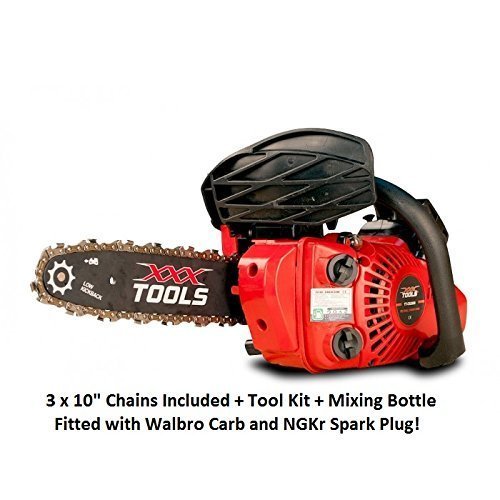 XXX TOOLS Petrol 26cc 10" Top Handle Lightweight Chainsaw 3 x CHAINS Walbro Carb