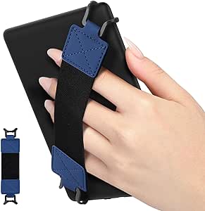 MoKo Security Hand-Strap for 6-8" Kindle eReader Fire Tablet - Kindle/Kobo/Voyaga/Lenovo/Sony Kindle E-Book Tablet, Elastic Versatile Hand Strap Lightweight Finger Grip Holder, Black Belt, Indigo