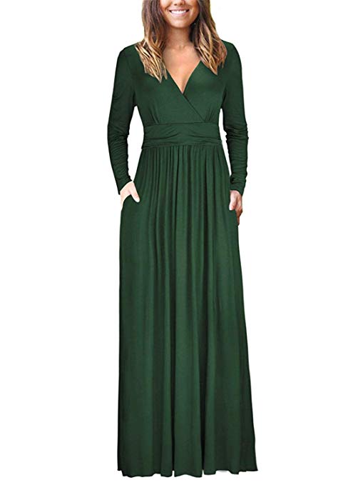 VOGRACE Women's Long Sleeve V-Neck Maxi Dress Casual Long Dresses with Pockets