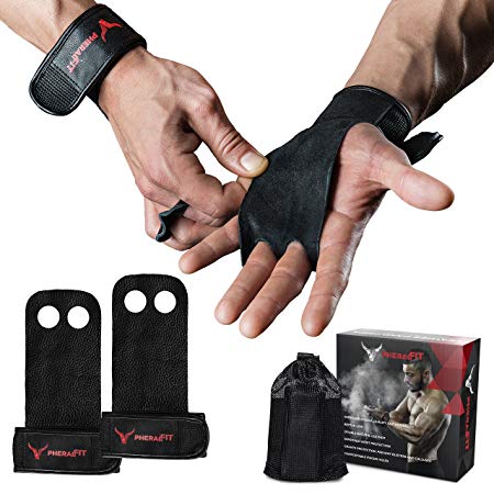 PHERAL FIT Natural Leather Hand Grips - Gymnastics Grips Wrist Support CrossFit, WODs, Pull Ups, Chin Ups, Kettlebels Weight Lifting