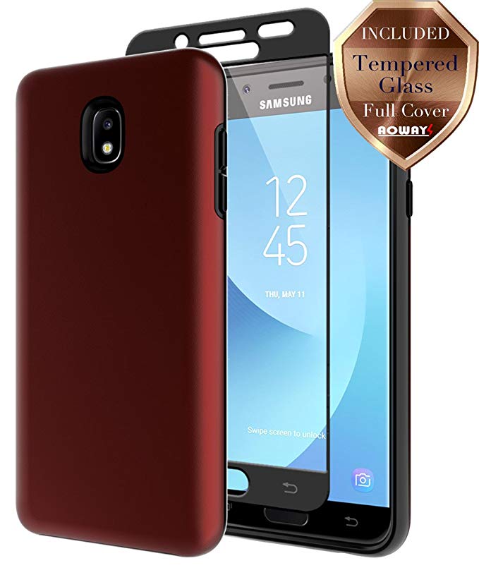 Galaxy J7 2018/J7 Aero/J7 Top/J7 Refine/J7 Eon/J7 Star/J7 Crown/J7 Aura Case, Aoways Tempered Glass Screen Protector, Hard Back Cover   Soft Inner Shockproof Protective Cover - Red