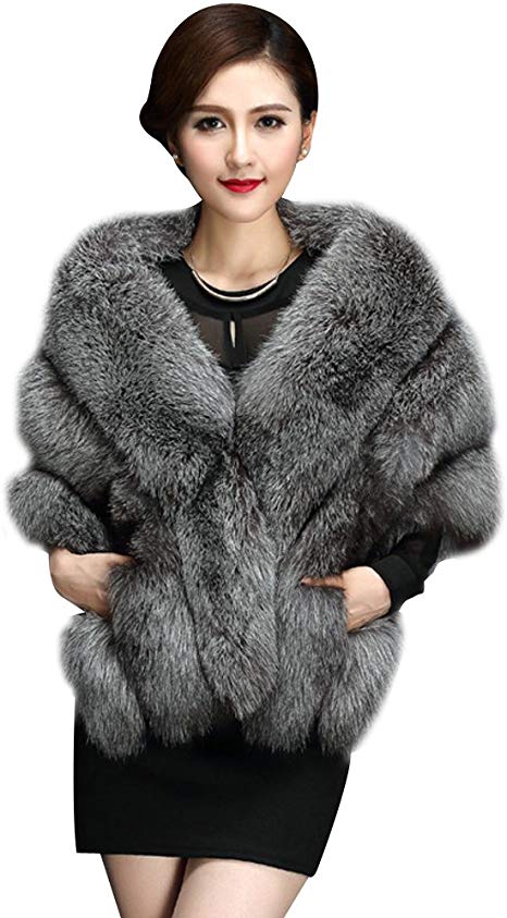 Elfjoy Luxury Faux Fox Fur Long Shawl Cloak Cape Wedding Dress Party Coat for Winter