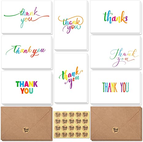 144 Bulk Thank You Cards with Envelopes, Ohuhu Thank You Notes Box Set with Elegant 8 Rainbow Colorful Designs Greeting Card for Wedding, Business, Birthday, Baby Shower, Blank Inside, 4 x 6 Inch