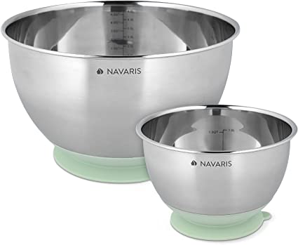 Navaris Stainless Steel Mixing Bowls (Set of 2) - Small and Large Mixing Bowl Set, Silicone Suction Cup Non-Slip Base - 1.4L, 4.7L Baking Bowl Set