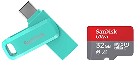 SanDisk Ultra Dual Drive Go 64GB USB 3.0 Type C Pen Drive for Mobile (Mint Green, 5Y) & Ultra microSD UHS-I Card 32GB, 120MB/s R