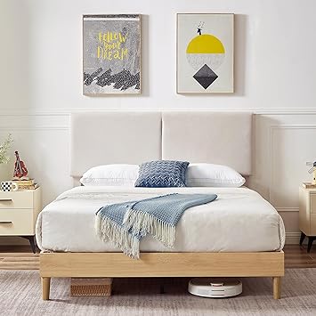 VECELO Full Bed Frame Upholstered Platform Beds with Height-Adjustable Cotton and Linen Headboard, Heavy Duty Wood Slats, 6" Under-Bed Space, Noise-Free, No Box Spring Needed,Easy Assembly