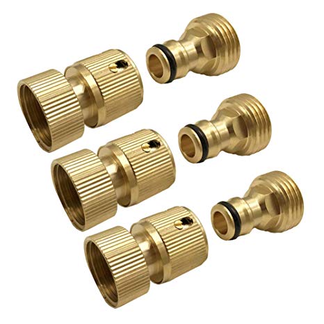summery life 3/4 inch GHT Solid Brass Garden Hose Quick Connect Garden Hose Fitting Male and Female, Water Hose Connectors Quick Hose End Connector , 3 Sets/ 6 Pc
