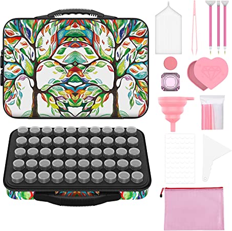 MoKo Diamond Painting Storage Containers, 60 Slots Diamond Painting Kits Accessories Case,Diamond Painting Tools Organizer for DIY Craft Beads Rhinestones,Lucky Tree