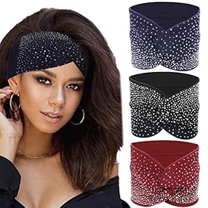 Rhinestone Boho Headbands, 3 Pack Crystal Stretch Turban Headbands with African Cotton Fabric - Fashion Hair Scarfs