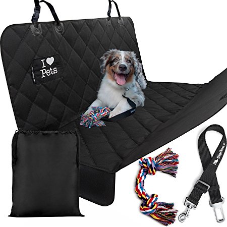 Starling's Luxury Dog Seat Cover for Cars - New Design! Double Stitched&Reinforced, Hammock Style, Heavy Duty Waterproof Quilted Polyester, Non-Slip, for Cars & SUV -W/Pet Car Seat Belt & Dog Toy