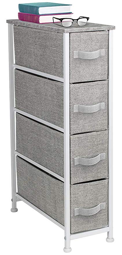 Sorbus Narrow Dresser Tower with 4 Drawers - Vertical Storage for Bedroom, Bathroom, Laundry, Closets, and More, Steel Frame, Wood Top, Easy Pull Fabric Bins (Gray)