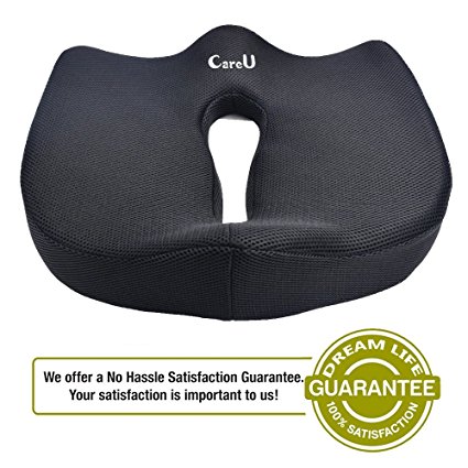 CareU(™) Coccyx Orthopedic Portable Comfort Memory Foam Seat Cushion with Non Slip Cover- Helps Relieve Kyphotic, Hip and Sciatica Pain (Standard Size 17.7x15 Inch)