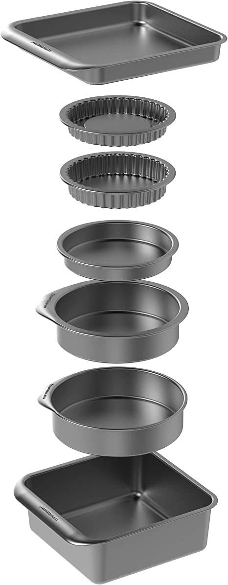 MasterClass Smart Space 7 Piece Non Stick Stackable Bakeware Set with 1 x Roasting Tin, 2 x Round Cake Tins, 1 x Sandwich Pan, 2 x Flan/Quiche Dishes and 1 x Brownie Tray in Gift Box