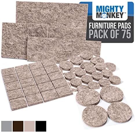 MIGHTY MONKEY Felt Furniture Gripper Pads, 75 Pack, Easy Glide, Stays on Furniture, Pad Prevents Scratches on Floors, Prescored Adhesive Strips Secure to Furniture, Heavy Duty, Protects Floor, Beige