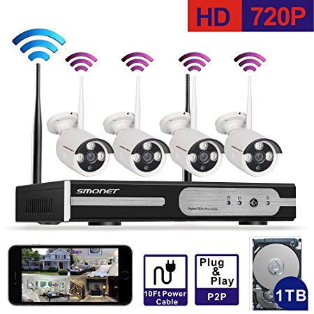 [Unbeatable Price]Smonet 4CH 720P HD NVR Wireless Security CCTV Surveillance Systems(WIFI NVR Kits)-Four 1.0MP Wireless WIFI Indoor Outdoor IP Cameras,P2P,65FT Night Vision, 1TB HDD Pre-installed