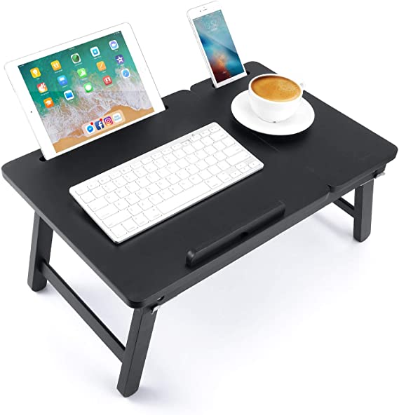 Lap Desk Nnewvante Bed Tray Table Foldable Laptop Desk Bamboo Breakfast Serving Tray w' Tilting Top Drawer Tablet Slots, Black